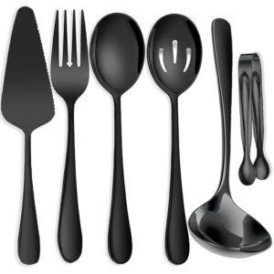 Shopusly 6 PCS Stainless Steel Serving Utensils, Large Serving Spoons Slotted Spoons, Forks, Ice Suger Tongs, Cake Server